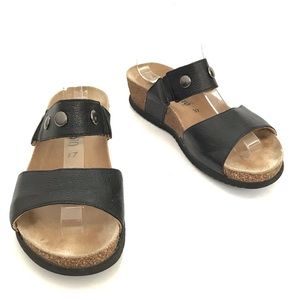 Mephisto Black Leather Stud Double Strap Sandals